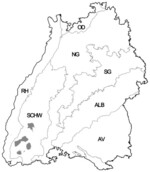 Abb. 1: Lage des Untersuchungsgebietes
(grau). Baden-Württemberg
mit den Grenzen
der naturräumlichen
Großeinheiten:
RH = Rheintal, SCHW =
Schwarzwald, OD =
Odenwald, NG = Nördl.
Gäulandschaften, SG =
Südl. Gäulandschaften,
ALB = Schwäbische Alb,
AV = Alpenvorland.