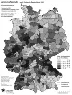 Abb. 4: Indikator zum Landschaftsschutz: ‚Anteil Gebiete „Landschaftsschutz“ an der Kreisgebietsfläche‘ 2008 (eigene Bearbeitung; Online-Version siehe www.ioer-monitor.de).